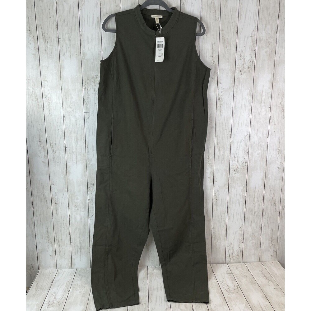 Eileen Fisher Cotton Hemp Stretch Jumpsuit Women’s M Olive Green Sleeveless